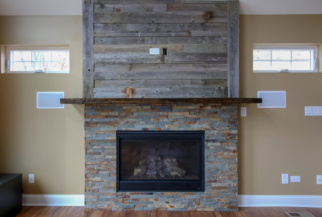 Fireplace with Combination of Stacked Slate and Reclaimed Barnwood